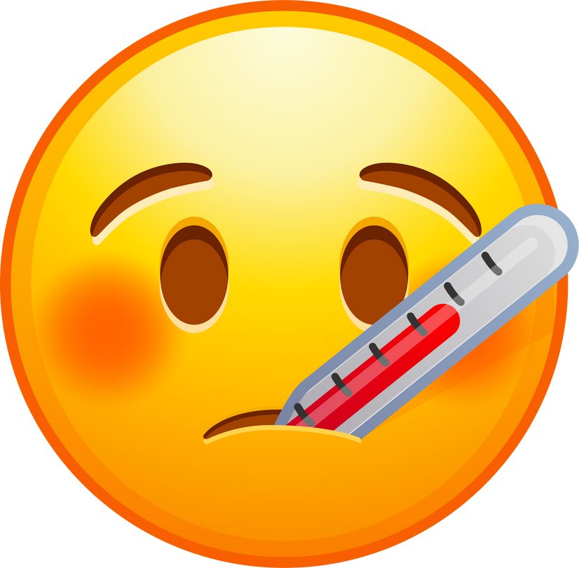 Top quality emoticon. Thermometer in mouth emoji. Sick emoticon with high fever. Yellow face emoji. Popular element.